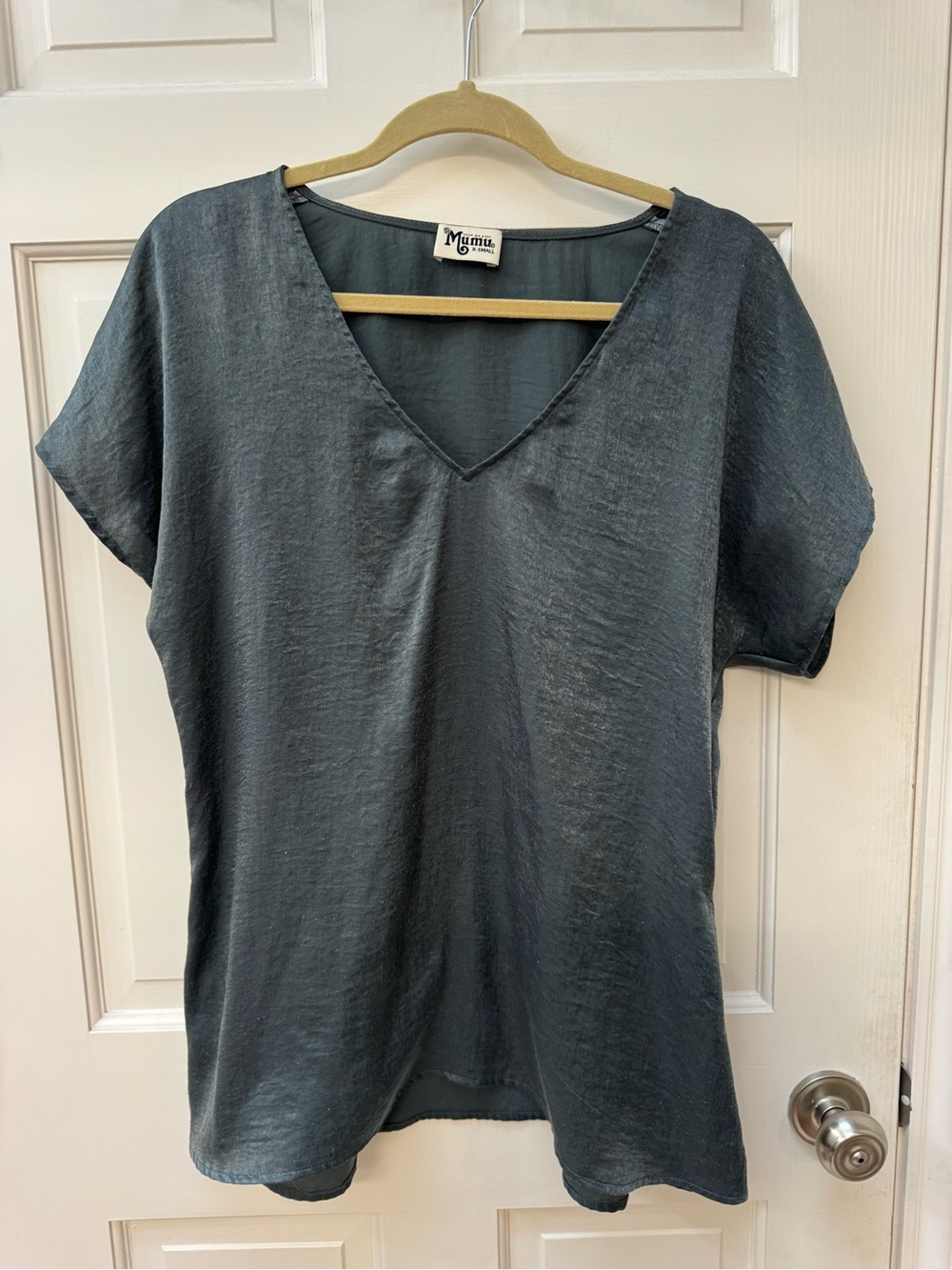 Show Me Your MuMu Gray/Green Shimmery V-Neck Short Sleeve Top